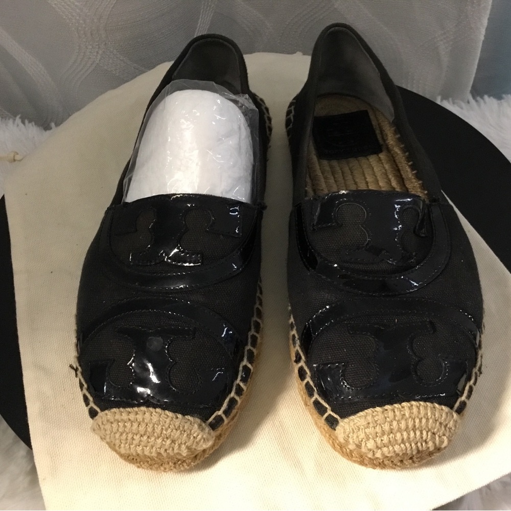 Tory Burch Black Patent Logo Espadrille Flats